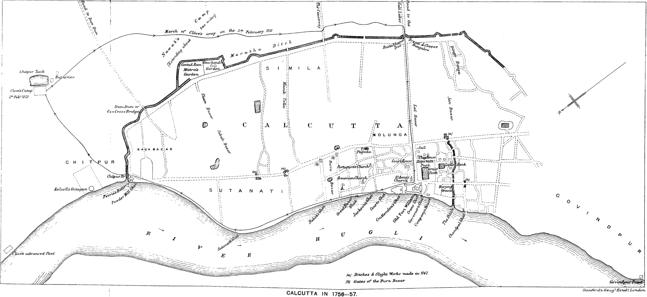 Map of Calcutta, 1756-57  (Source: H.E. Busteed, Echoes front Old Calcutta: 1908 (4th edition); https://commons.wikimedia.org/wiki File:Echoes_from_Old_Calcutta_028.tif#metadata).
